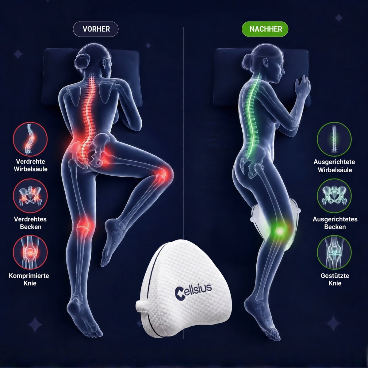 Cellsius Orthopädisches Kniekissen - Das Geheimnis eines schmerzfreien Schlafs